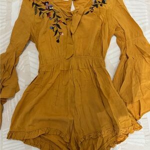 Mustard Yellow Floral Embroidered Romper
